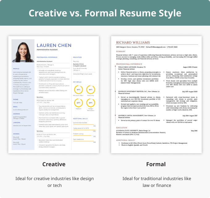 Grafik membandingkan resume kreatif dengan grafik dan headshot ke resume formal dengan garis sederhana dan teks footer