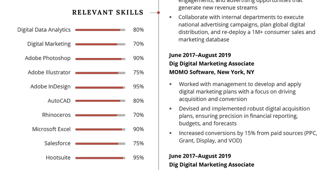 Contoh cara menampilkan tingkat keahlian untuk resume menggunakan persentase. 