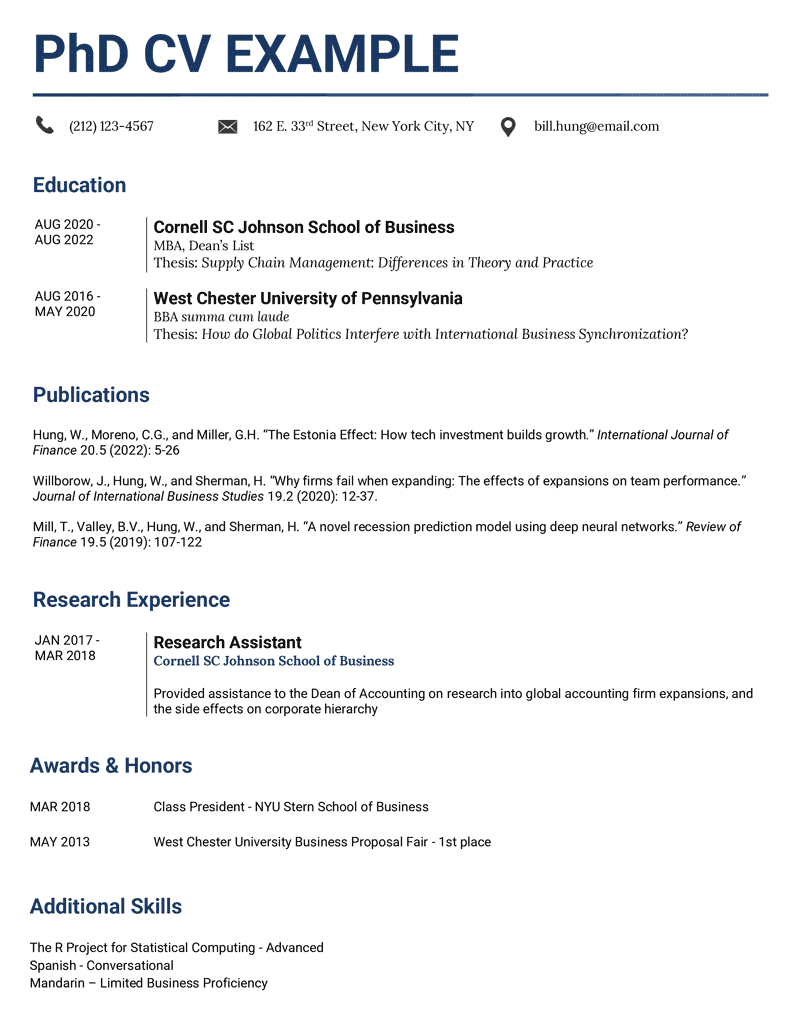 Halaman pertama dari template resume akademis berwarna biru tua yang diisi oleh kandidat yang melamar program PhD