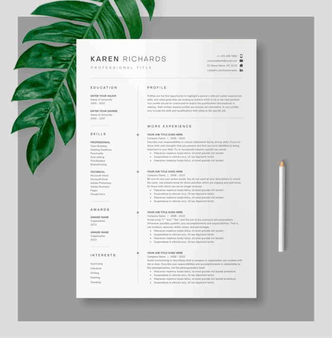 Desain resume yang bersih dan minimal.