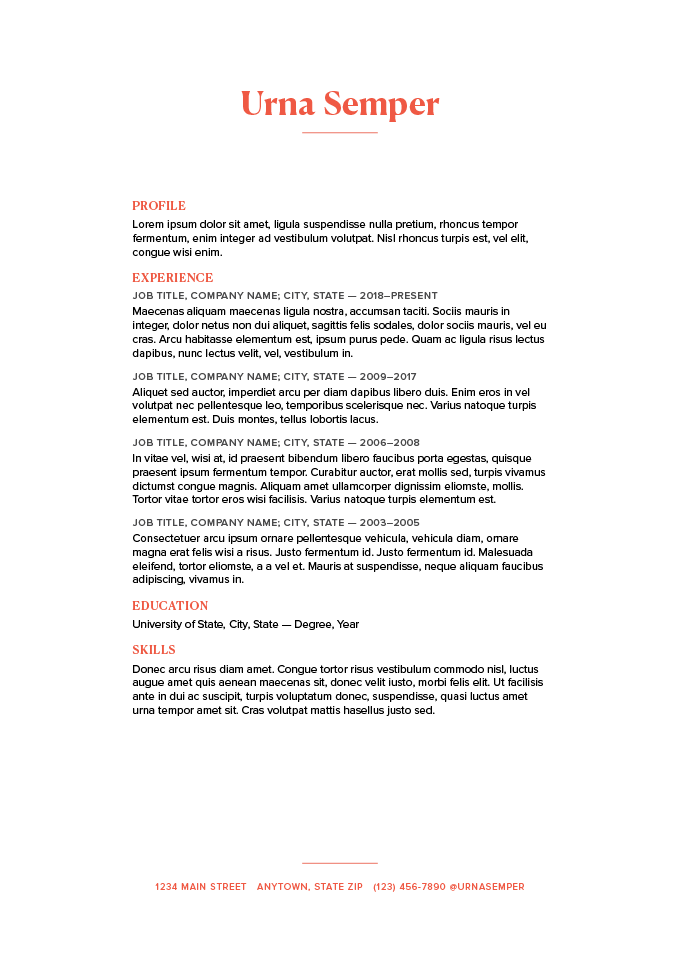 Templat resume halaman pribadi dengan tajuk oranye dan tajuk bagian resume oranye.