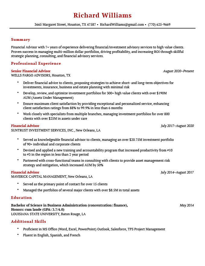 Resume mudah dengan tajuk resume merah dan tajuk bagian resume merah.