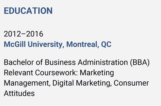 Contoh template resume Kanada yang menunjukkan detail pendidikan kandidat terkait peran pemasaran yang mereka inginkan