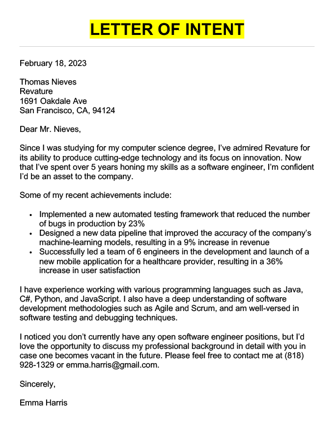 Surat niat yang ditulis oleh seorang insinyur perangkat lunak dengan pengalaman lima tahun.