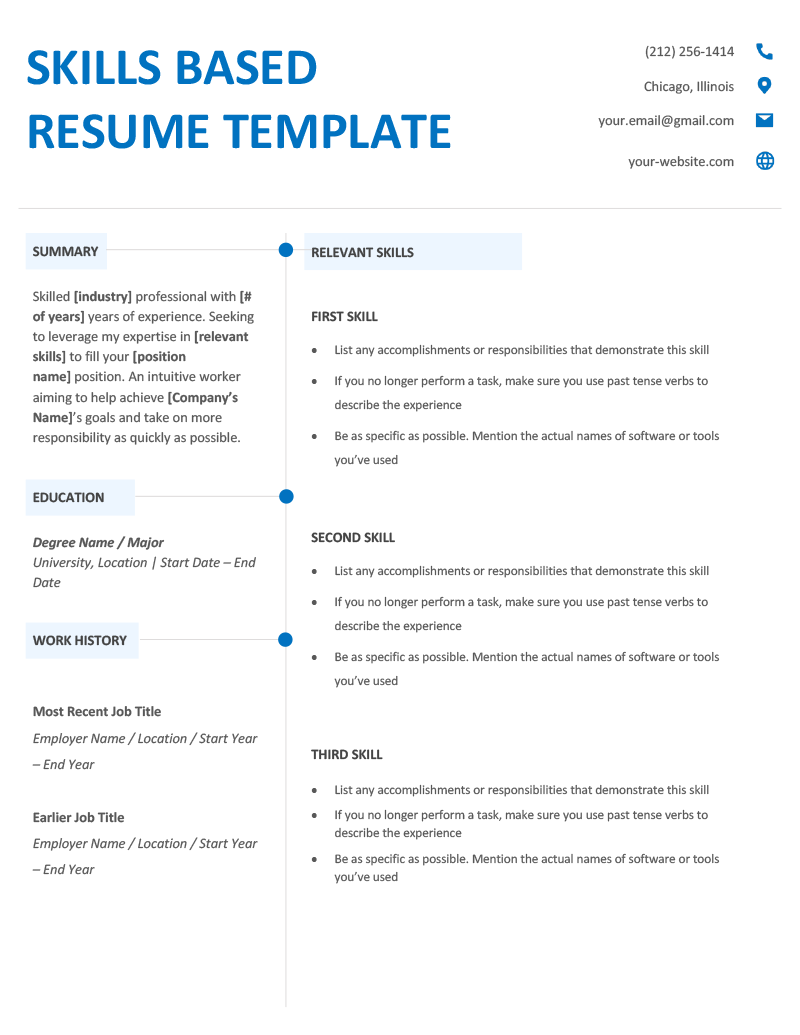 Templat resume berbasis keterampilan dengan elemen desain biru tua dan biru muda yang minimal